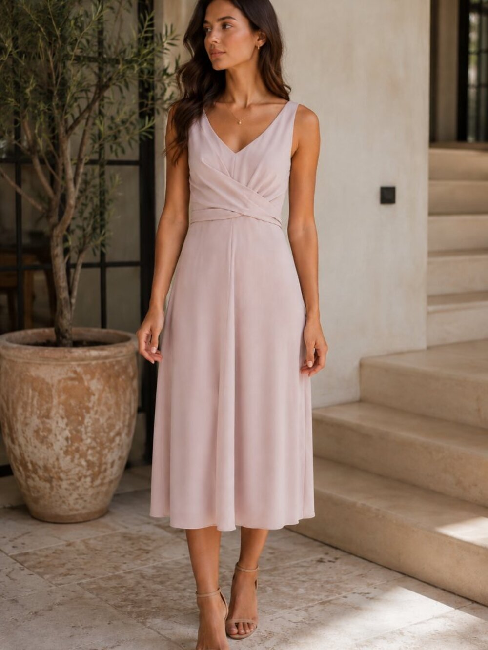 Aritzia Wilfred Darcell Wrap Midi Dress V Neck Tie Classy Light Beige Pink Small